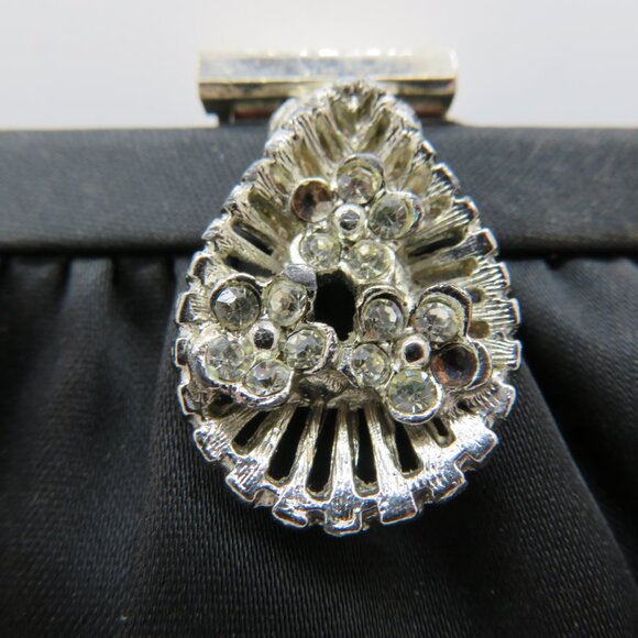 Vintage Handheld Clutch Chain Strap Black Satin Purse Bag Frame Evening Silver - Picture 2 of 12